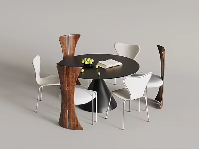 Modern Round Dining Table With Black Top And Mixed Chairs Featuring Fruits And Open Book 3d model