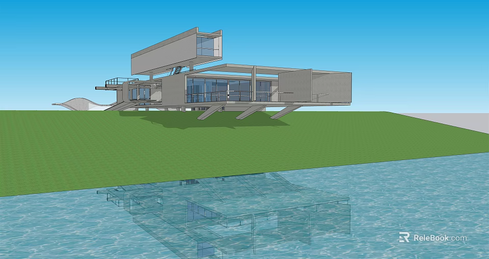 Aerial View Planning of Modern Waterfront Building With Green Lawn and Large Windows 3d model 