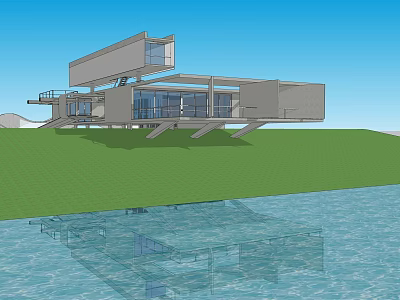 Aerial View Planning of Modern Waterfront Building With Green Lawn and Large Windows 3d model