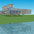Aerial View Planning of Modern Waterfront Building With Green Lawn and Large Windows