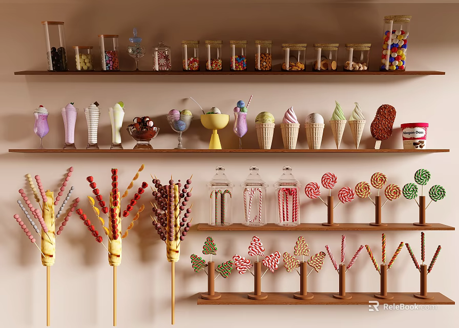 Colorful Candy Display Shelves With Jarred Candies Lollipops And Dessert Decorations 3d model 