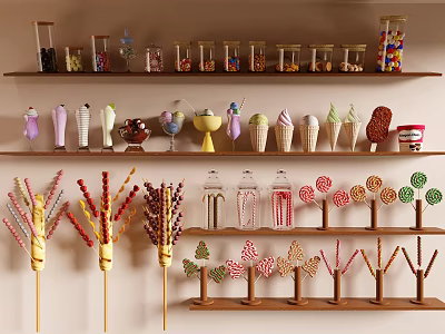 Colorful Candy Display Shelves With Jarred Candies Lollipops And Dessert Decorations 3d model