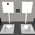 Two Modern Squat Toilets With Wall Mounted Water Tanks And Side Trash Cans