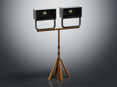 Stylish Wooden Tripod Stand With Two Black Speakers For Modern Home Furniture Design 3d model