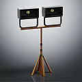 Stylish Wooden Tripod Stand With Two Black Speakers For Modern Home Furniture Design