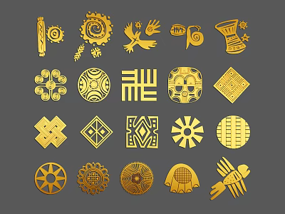 Golden Various Geometric Animal Decorative Patterns With Gears Birds Spirals And Diamonds 3d model