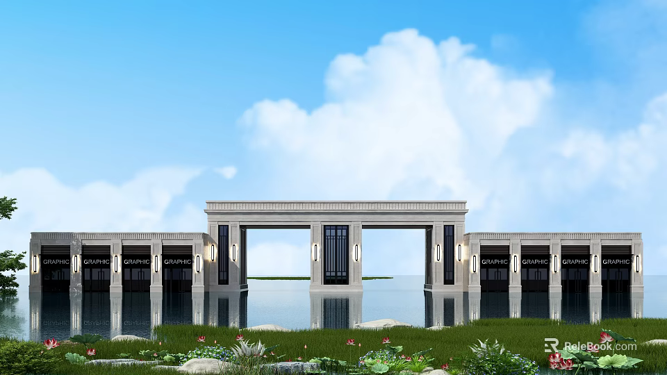 Grand Stone Entrance Gate With Symmetrical Design Water Reflection Blue Sky And Greenery 3d model 