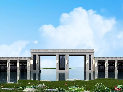 Grand Stone Entrance Gate With Symmetrical Design Water Reflection Blue Sky And Greenery 3d model