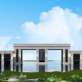 Grand Stone Entrance Gate With Symmetrical Design Water Reflection Blue Sky And Greenery