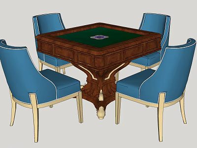 Elegant Wooden Entertainment Table with Green Surface and Four Blue Chairs for Home Game Room 3d model