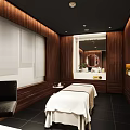 Elegant Modern SPA Interior With Wooden Walls Massage Bed Round Mirror And White Vanity