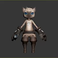 3D Cartoon Cat Character With Blue Eyes Wearing Brown Outfit Holding Blue Object
