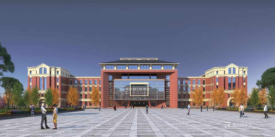 Symmetrical Red Brick School Building With Central Glass Entrance Plaza And Autumn Trees 3d model 