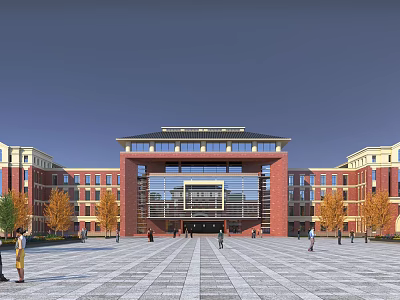 Symmetrical Red Brick School Building With Central Glass Entrance Plaza And Autumn Trees 3d model