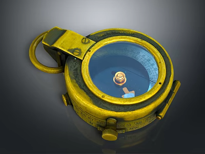 Vintage Yellow Metal Compass With Round Glass Cover Scale And Pointer 3d model