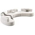 Modern White and Green Curved Sofa with Pillows and Blanket for Interior Design