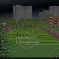 Sports Fitness On Green Football Field With Track High rise Buildings And Trees