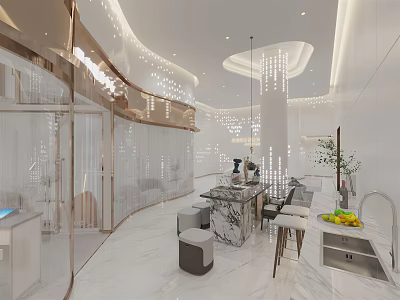 Modern Luxe Leisure Area With Marble Coffee Table Soft Sofa And Chandelier 3d model
