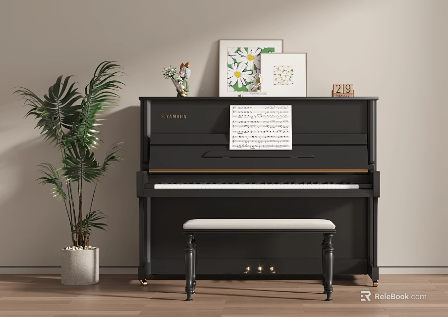 Black Upright Piano With Sheet Music Decorative Paintings And Potted Plant 3d model 
