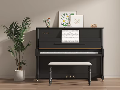 Black Upright Piano With Sheet Music Decorative Paintings And Potted Plant 3d model