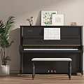 Black Upright Piano With Sheet Music Decorative Paintings And Potted Plant