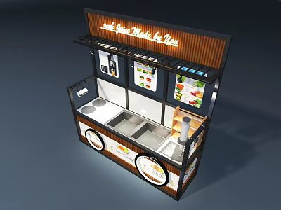 Mobile Wooden Food Cart With Menu Screens Sink And Operation Counter 3d model