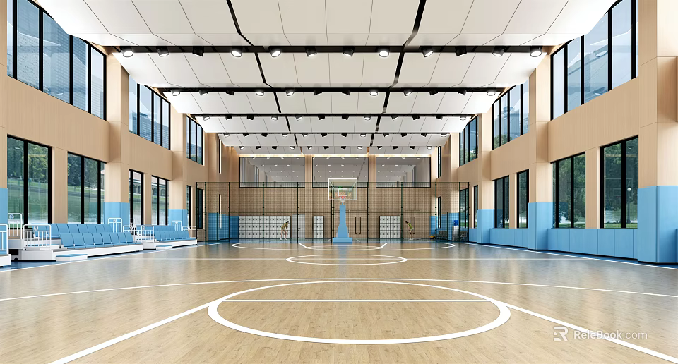 Spacious Modern Basketball Gym With Wooden Floor White Lines And Ceiling Lights 3d model 