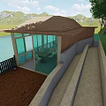 Floating Glass House With Brown Roof Blue Umbrella Trees And Waterfront Deck