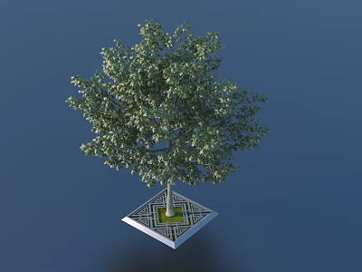 Arbor With Dense Green Foliage Planted On Square Metal Base Against Blue Background 3d model