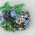 Jungle Dinosaur Building Blocks Set With Rock Scenery Palm Leaves And Ancient Ruins
