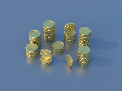Gold Euro Coins Stacked And Scattered On Blue Background With Shiny Surface 3d model