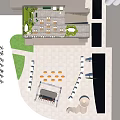 Vibrant Commercial Street Plaza With Stage Orange Chairs And Green Trees