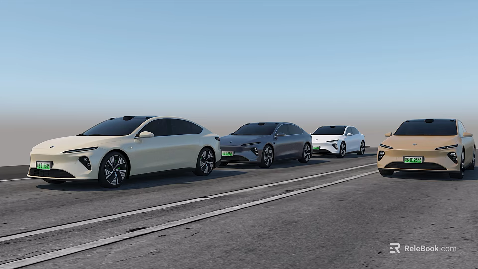 Four Different Colored Modern Electric Cars Cruising On Open Highway 3d model 