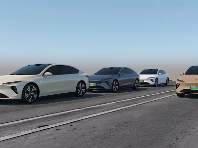 Four Different Colored Modern Electric Cars Cruising On Open Highway 3d model