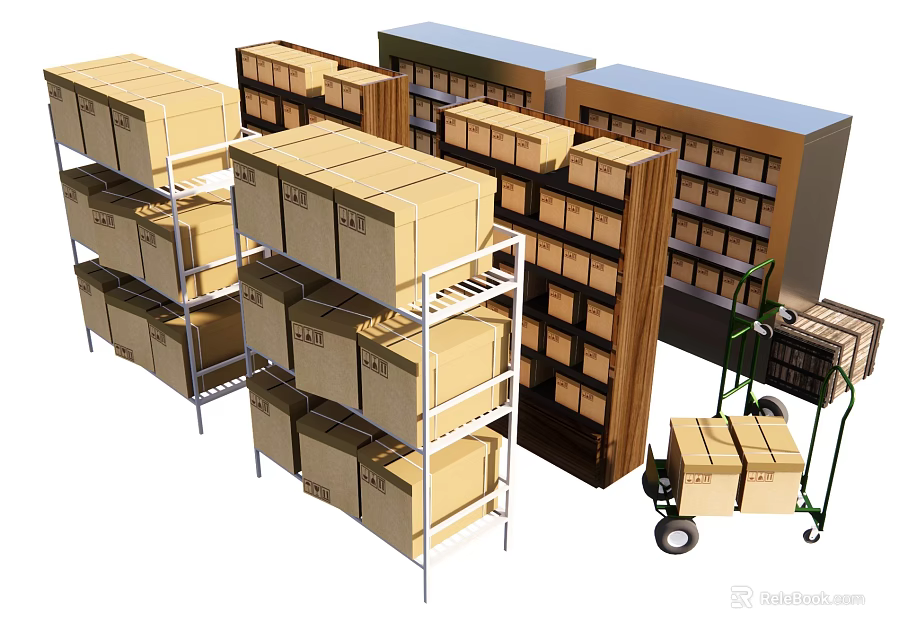 Multi tiered Display Shelves with Stacked Cardboard Boxes and Hand Cart 3d model 