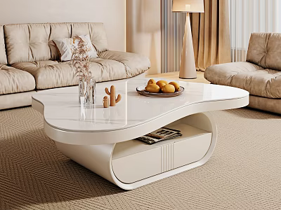 Modern Sleek White Coffee Table in Cozy Living Room with Fruit Tray Decor 3d model