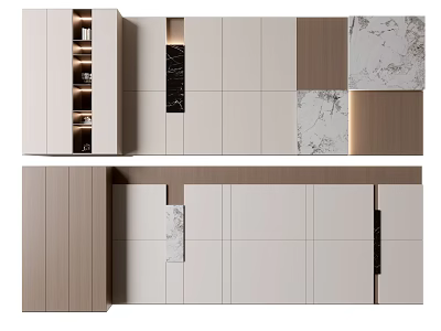 Modern Feature Wall Design with White Panels Wooden Elements and Marble Texture 3d model
