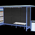 Modern Bus Shelter Featuring Blue Roof Transparent Panels Advertising Panel Bench And Trash Bin