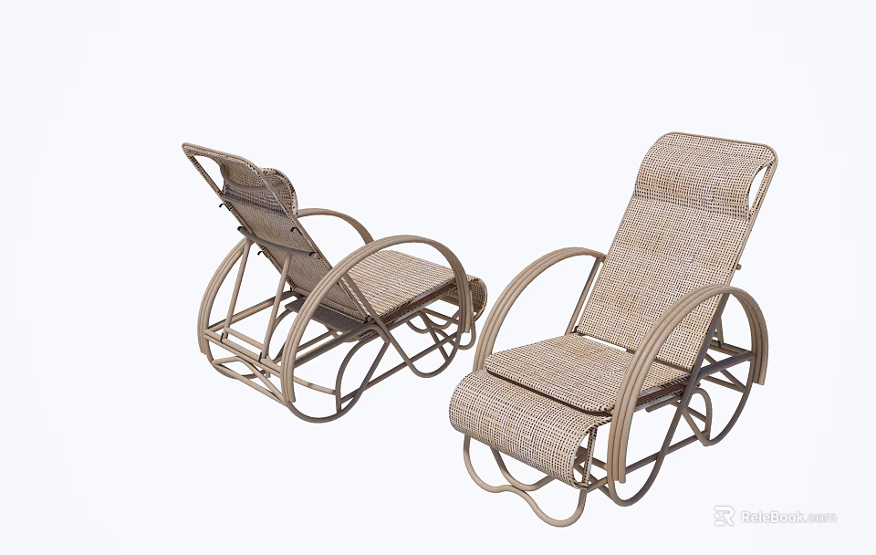 Pair of Rattan Lounge Chairs With Metal Frame And Rolling Wheels For Outdoor Comfort 3d model 