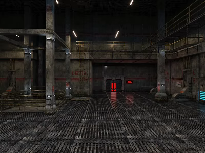 Cartoon Industrial Scene With Metal Grid Floor Concrete Pillars Red Door And Yellow Railings 3d model