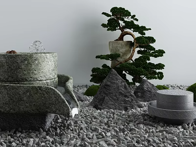 Decorative Garden Ornaments with Stone Fountain Potted Pine Tree and Rock Formations 3d model