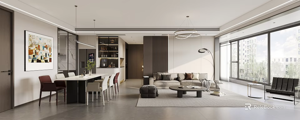 Modern Living and Dining Room Interior With Sofa Dining Table And Pendant Lights 3d model 