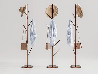 Minimalist Brown Coat Racks with Tree Branch Hooks Hanging Straw Hats Shirts and Bags 3d model
