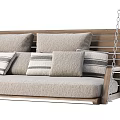 Comfortable Wooden Swing Chair With Soft Striped Cushions And Sturdy Frame