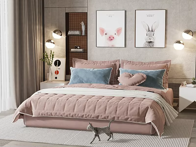 Cozy Double Bed With Pink Bedding Blue Pillows Heart Pillow And Pig Rabbit Wall Art 3d model