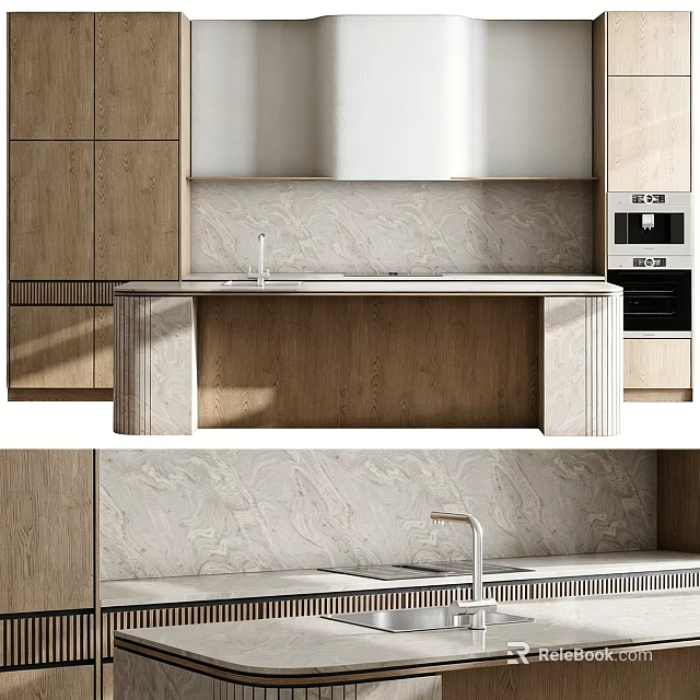 Modern Kitchen Interior With Wooden Cabinets Textured Wall Stone Countertop And Sink 3d model 