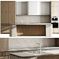 Modern Kitchen Interior With Wooden Cabinets Textured Wall Stone Countertop And Sink