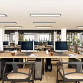 Public Office Space With Multiple Computers Long Desks Ergonomic Chairs And Bright Lighting 3d model