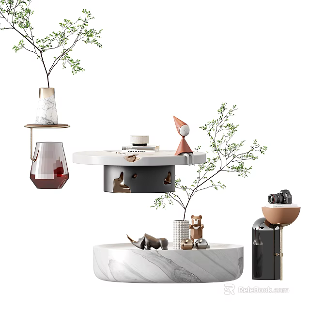 Modern Coffee Table With Marble Surface Decorative Plants Small Geometric Ornaments And Vase 3d model