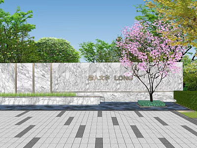 Marble Feature Wall With PALACE LONG Inscription Pink Flowering Tree Green Plants And Paved Ground 3d model